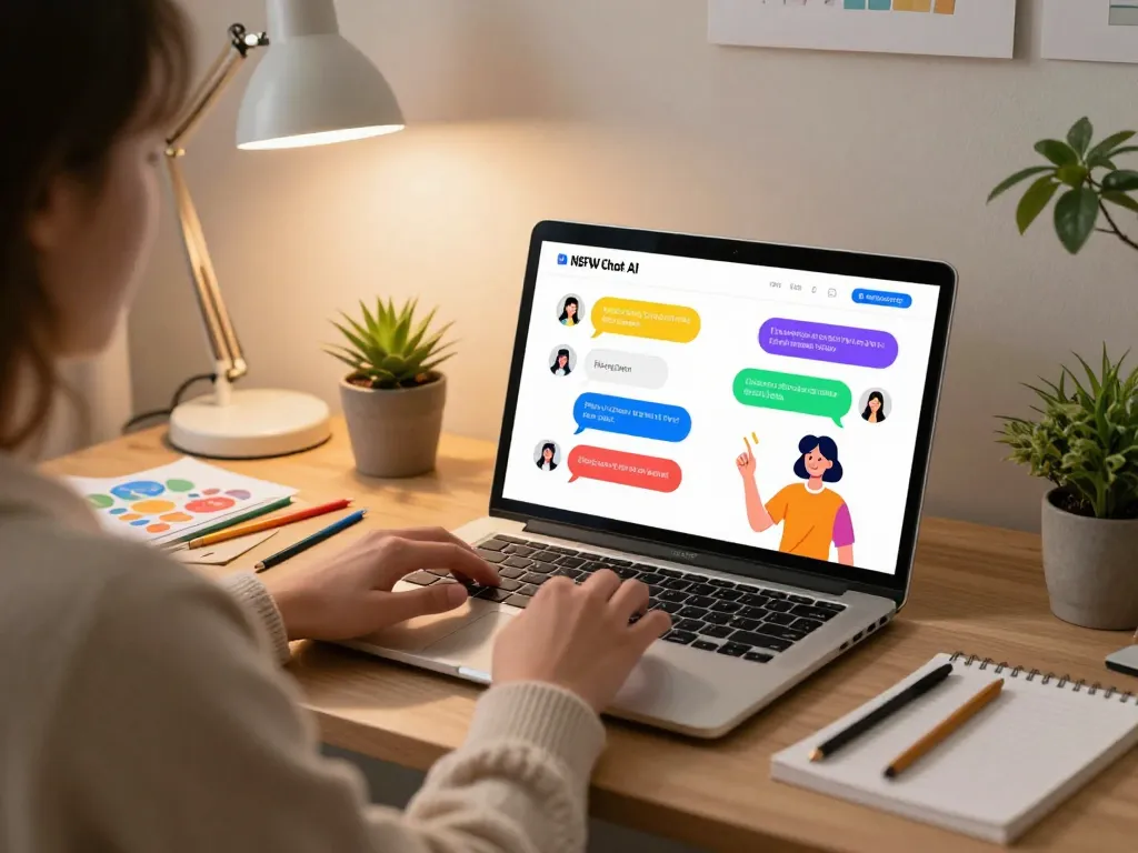 Engaging in nsfw chat ai conversation in a cozy home office with colorful chat bubbles.