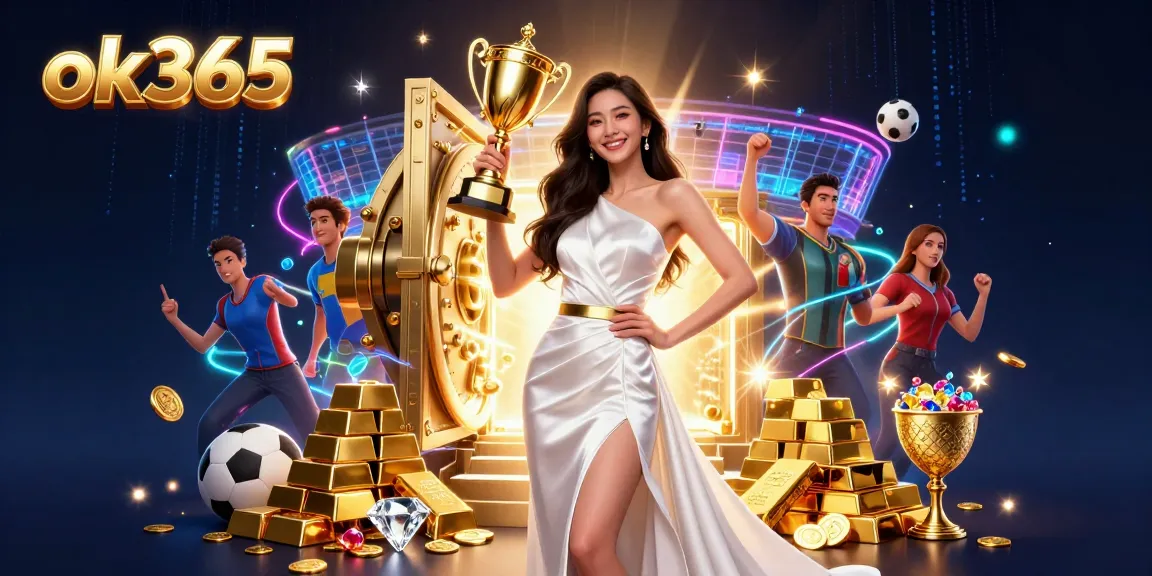 Experience thrilling wins with ok365 as a confident woman holds a trophy amidst vibrant gaming elements.