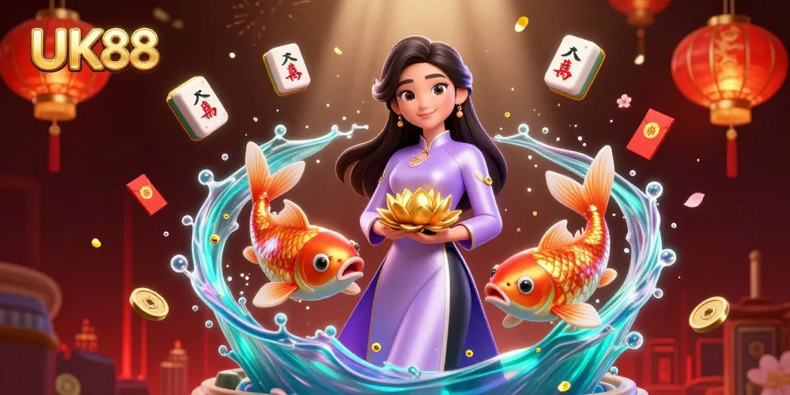 Engage with the thrilling world of UK88 casino gaming, featuring an elegant Asian woman, koi fish, and rich gaming elements.