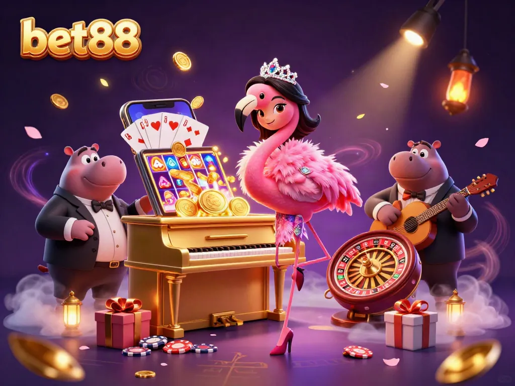Experience the excitement of bet88 with vibrant characters and casino gaming elements in an engaging illustration.