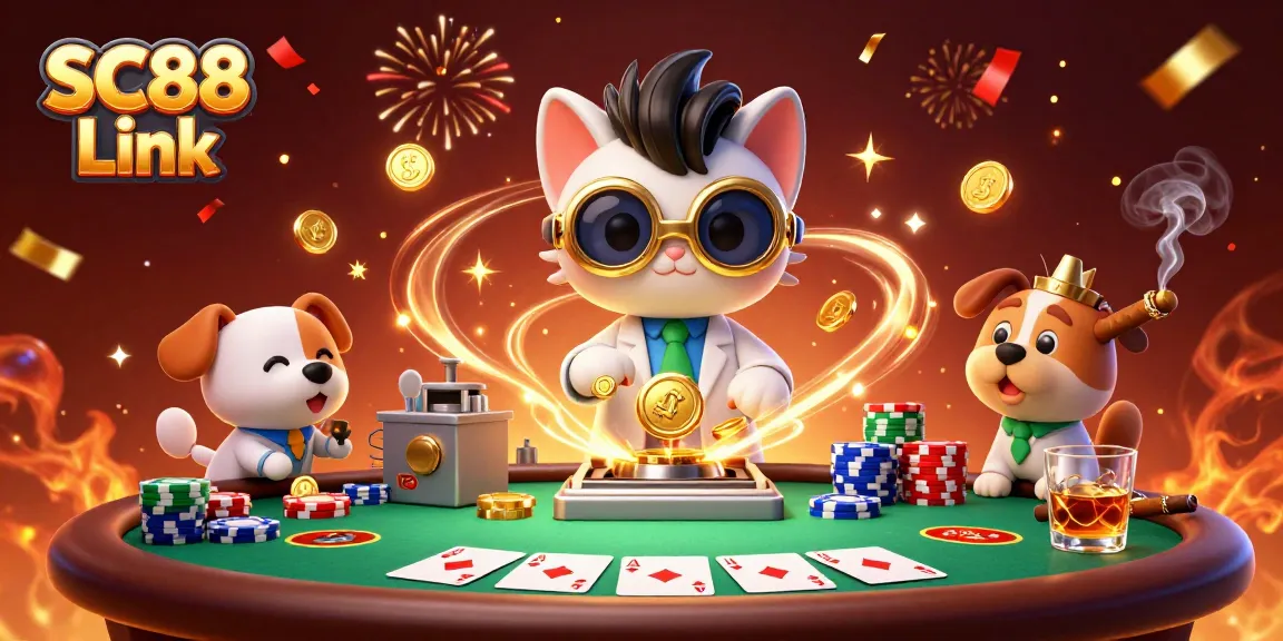 Win big with SC88 Link as the mad scientist cat creates a coin-replication machine at a casino.