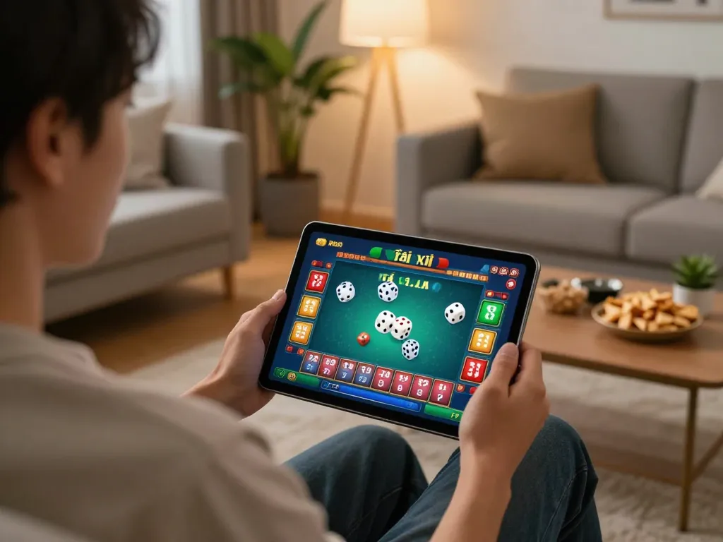 Engaging gameplay of tài xỉu online on a tablet, showcasing vibrant dice visuals in a cozy home setting.