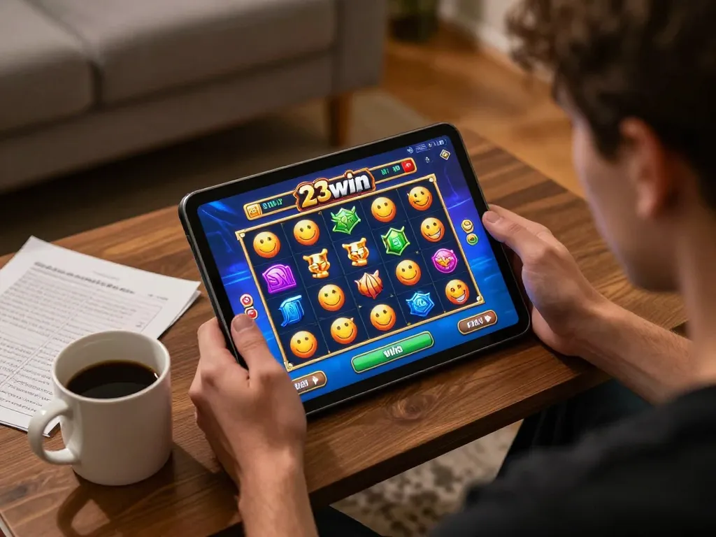 Player engaging with the 23win online slots interface in a cozy living room setting.