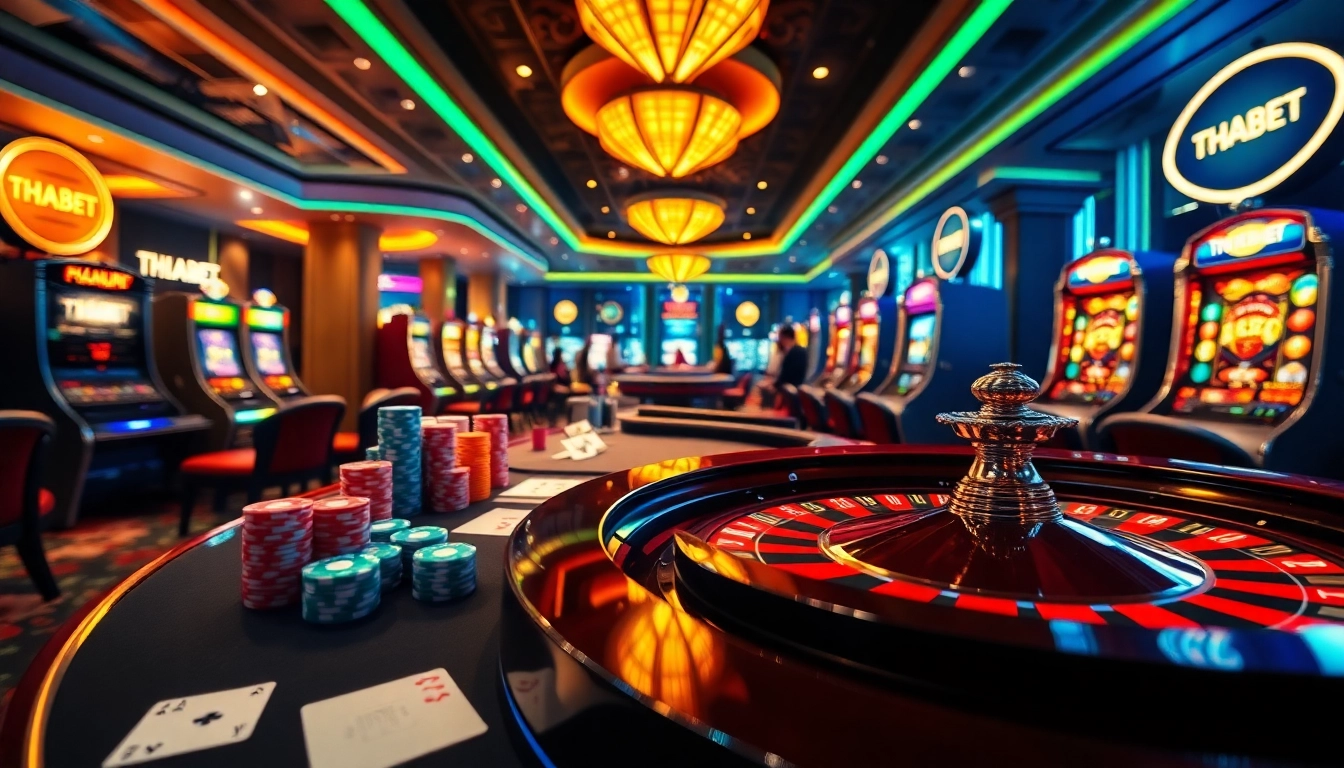 THABET casino players enjoying exciting games at a roulette table with vibrant lights.