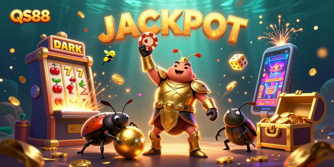Experience the excitement of QS88 with a vibrant 3D casino scene celebrating jackpots and winnings.