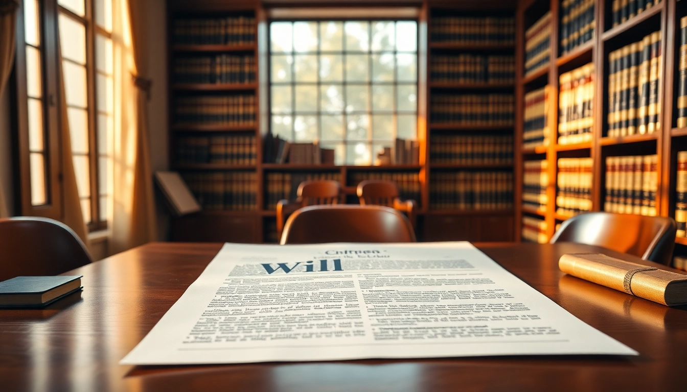 Wills displayed prominently on a sophisticated desk with law books in a professional setting.