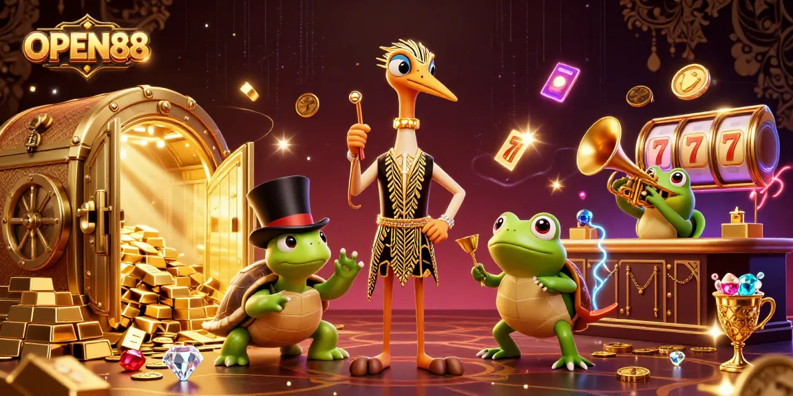 Spin to win at OPEN88's vibrant casino with a top-hat turtle and a trumpet frog!