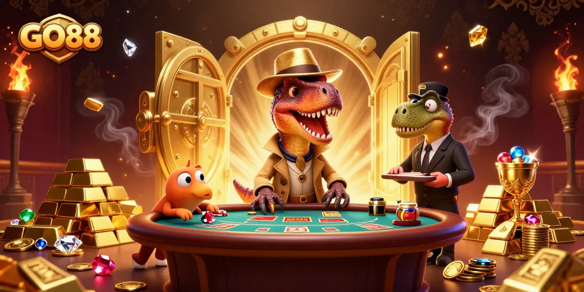 Engage in thrilling gameplay at GO88 with cartoon velociraptor card counter and vibrant casino treasures
