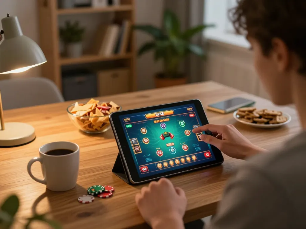 Engaging player using luck8's casino platform on tablet at home, showcasing strategic gameplay.