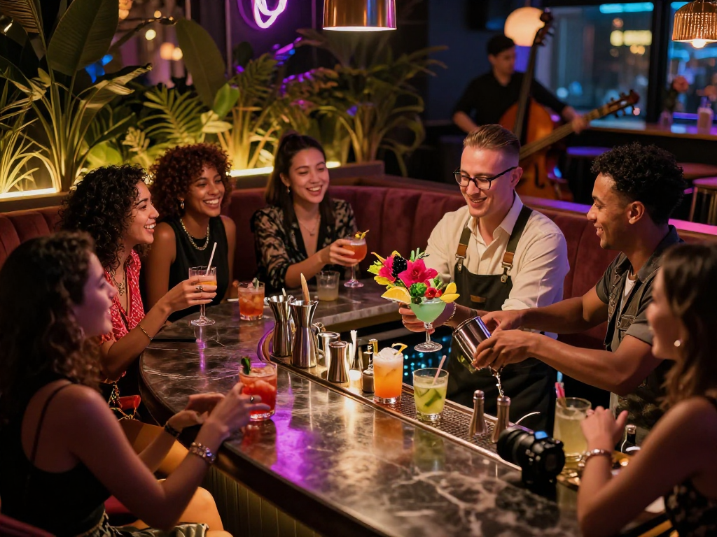 Stylish lounge bar scene with friends enjoying social drinks, focusing on nsfw themes in a vibrant nightlife atmosphere.