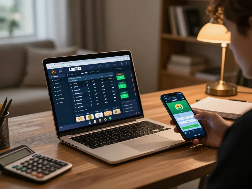 Engaging with LODE88 betting app for optimal odds analysis in a modern home office setting.