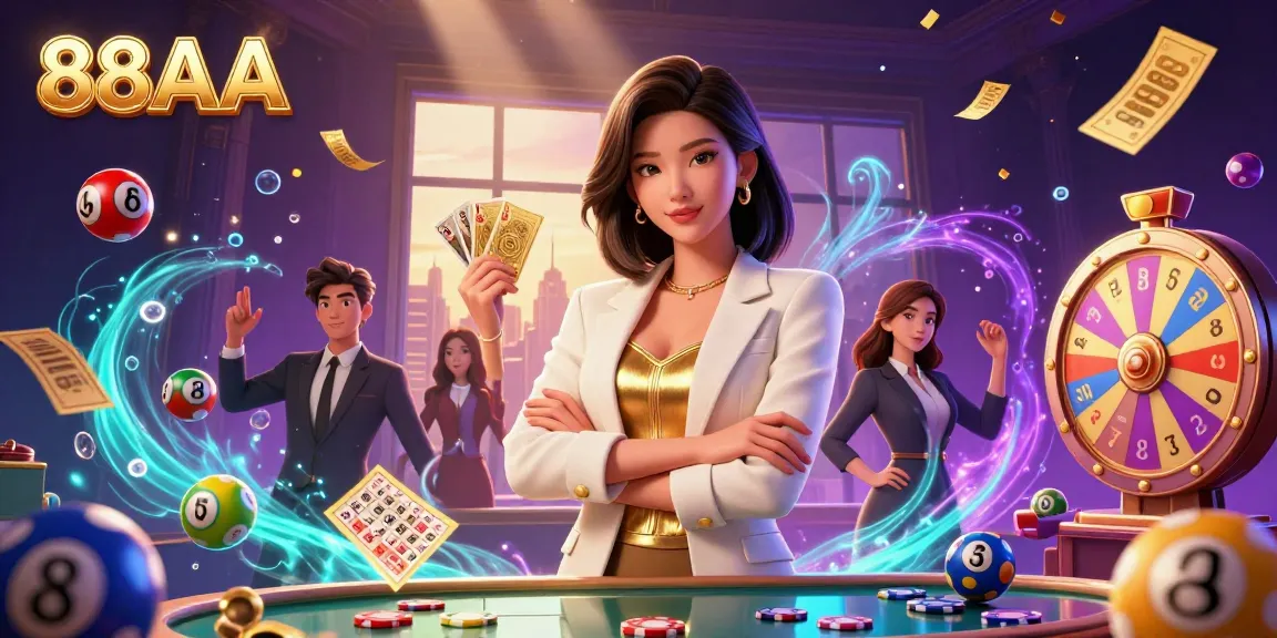 Experience the thrill of 88AA with a glamorous Asian woman showcasing a deck of cards in a bustling casino scene.