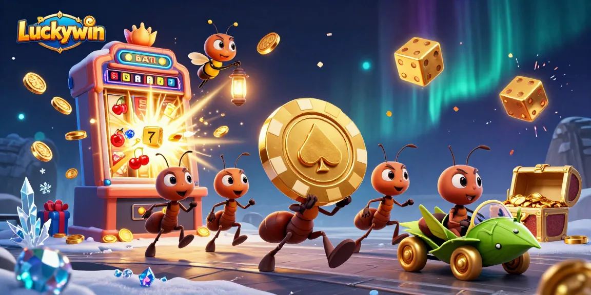 Luckywin's cartoon heist scene with ants carrying a poker chip surrounded by casino elements.