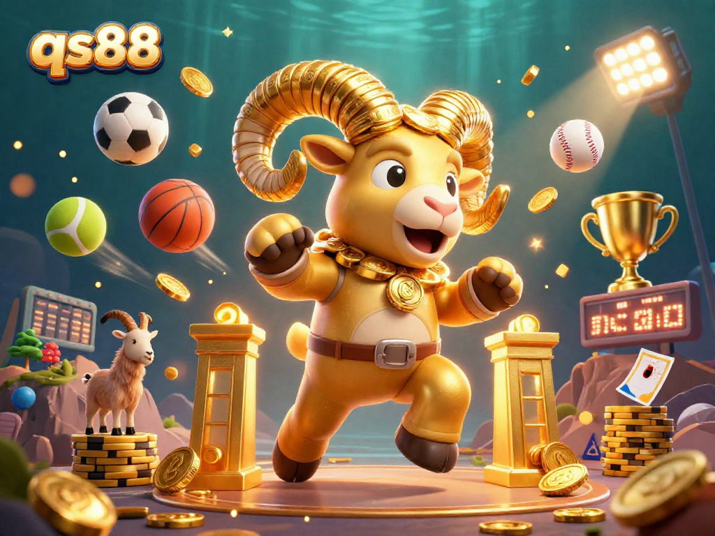 qs88 unleashes the thrill of online gaming with a dynamic 3D illustration featuring a golden ram charging through coins and sports elements.