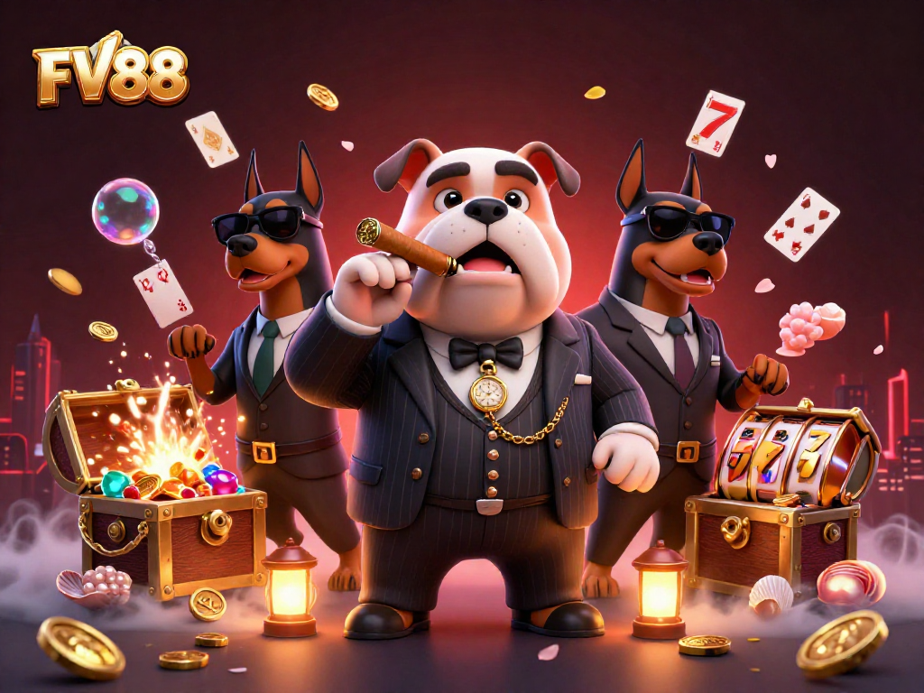 Engage in winning strategies at FV88, featuring a mafia boss bulldog and dynamic casino elements.