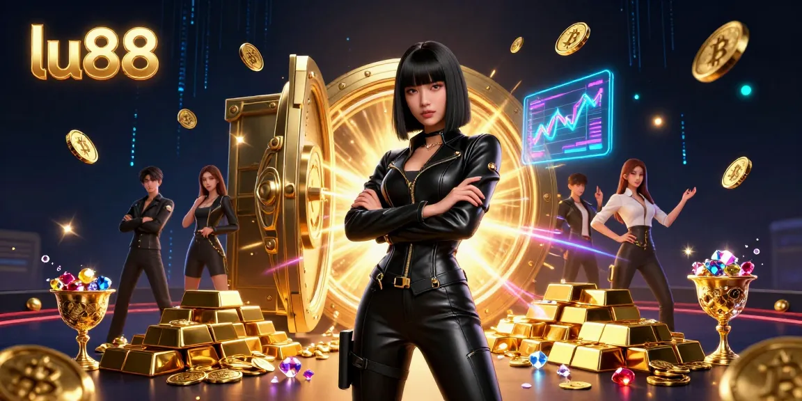 Experience the excitement of gambling at lu88 with a stunning 3D illustration of a powerful woman surrounded by treasure.