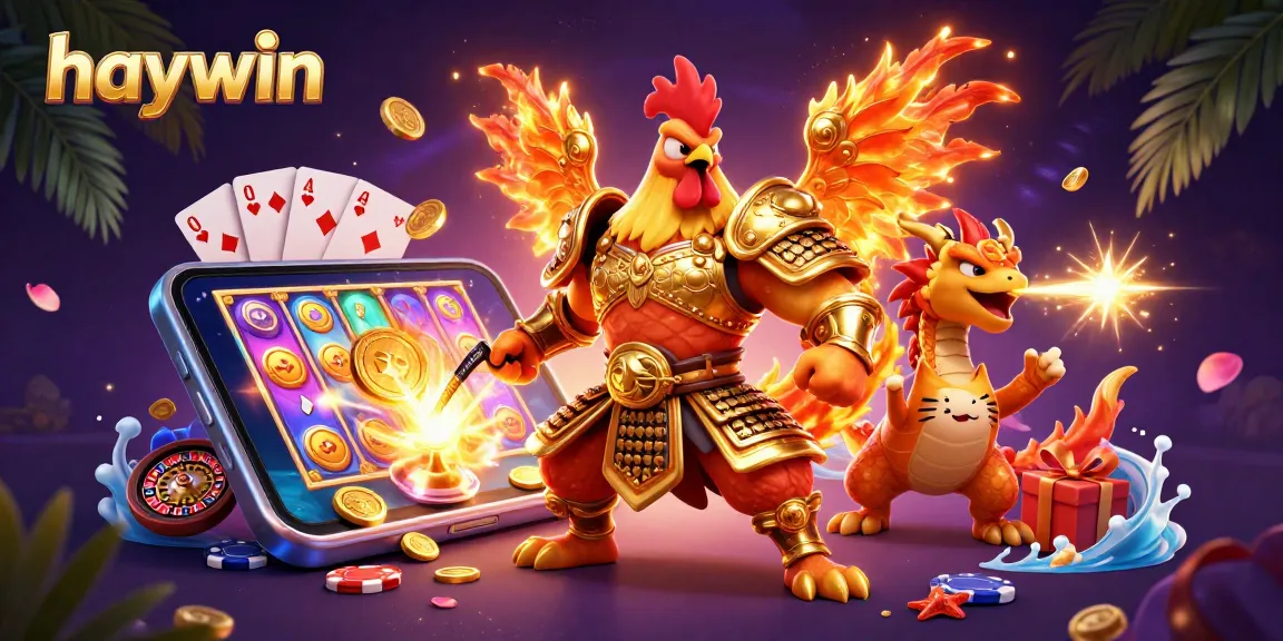 Engage with haywin's vibrant game characters amidst golden sparks and casino thrills.
