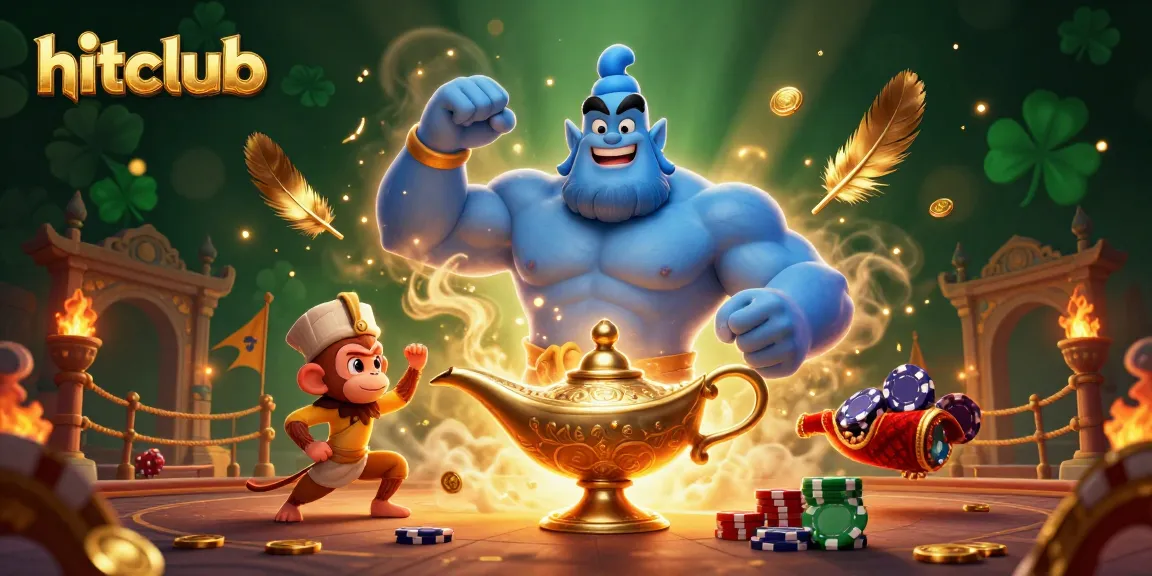 Experience thrilling wins with hitclub's magic genie scene filled with casino elements and poker chips.