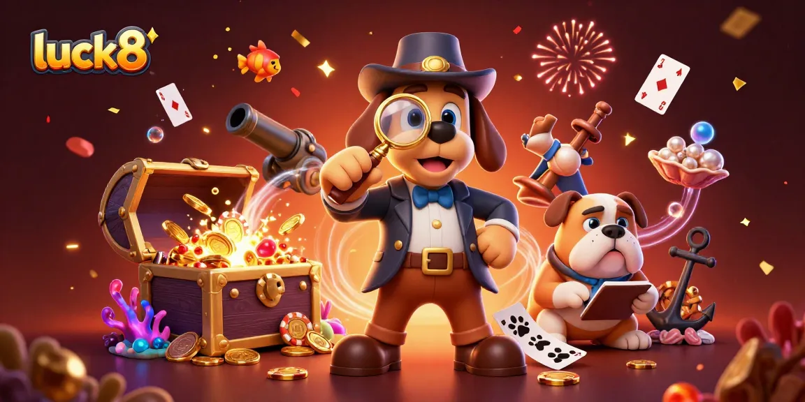 Join the luck8 adventure with a bloodhound detective and bulldog amidst casino treasures.