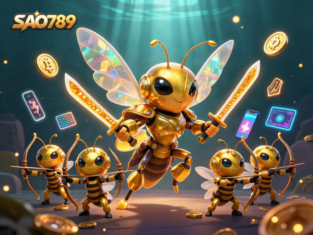 SAO789 elevates excitement with a vibrant 3D casino scene featuring golden hornets and crypto elements.