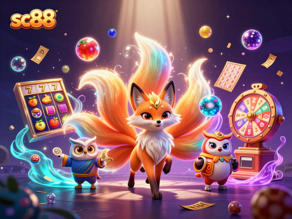 Engage with sc88's vibrant online casino experience featuring a lively fox spirit and colorful slots.