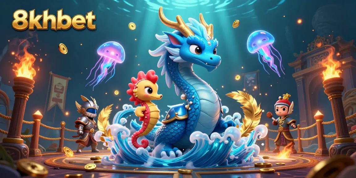 Engage with 8xbet's thrilling adventure featuring a dragon, seahorse, and floating jellyfish in a vibrant casino scene.