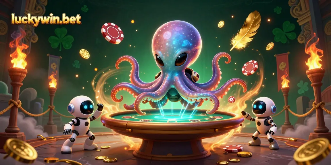 Experience the unique luckywin-bet gameplay with an alien octopus at a holographic poker table.