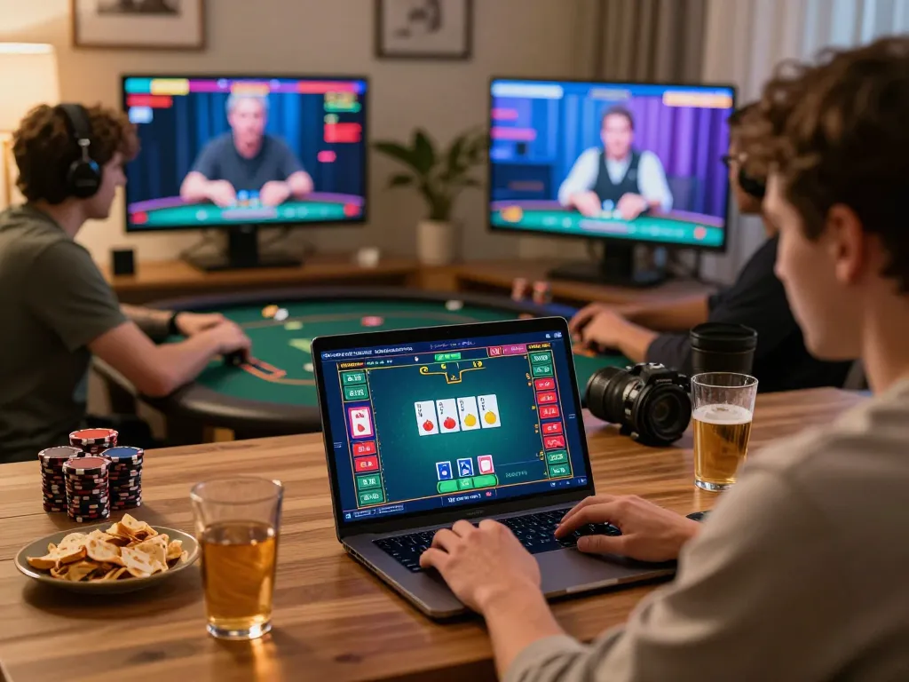 Cloud-Africa online poker players engaged in intense gameplay, showcasing a cozy home setup.