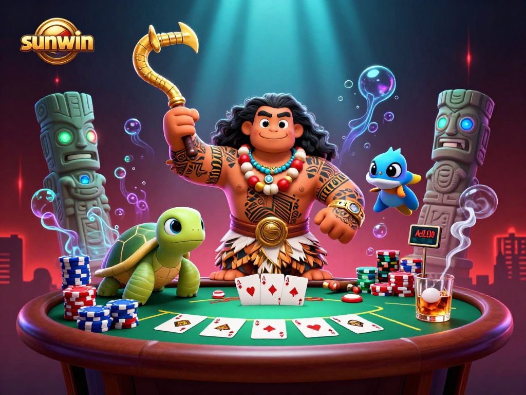 sunwin poker scene featuring a hawk demigod and turtle sidekick in vibrant casino action