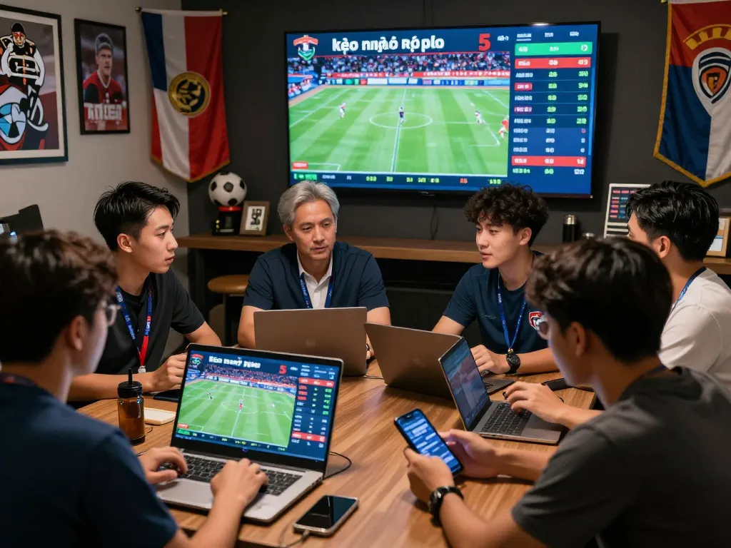 Enthusiastic bettors analyzing kèo nhà cái 5 in a vibrant betting hub with live football odds.