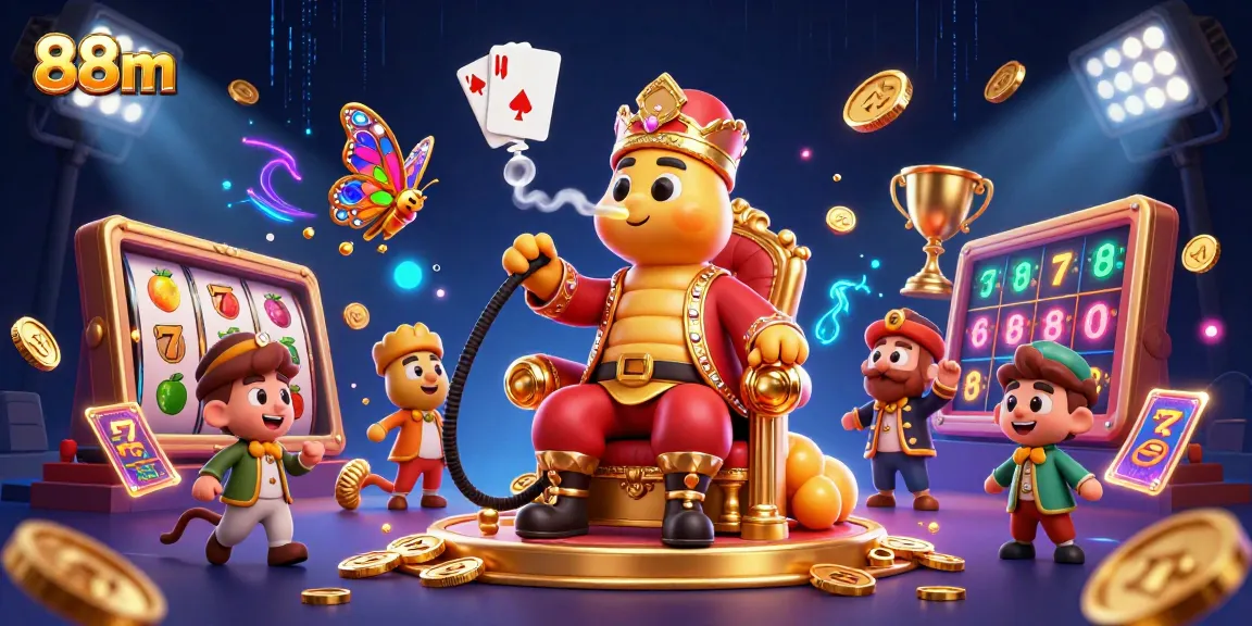 Join the excitement at 88m with captivating slot games portrayed in a vibrant, dynamic scene.