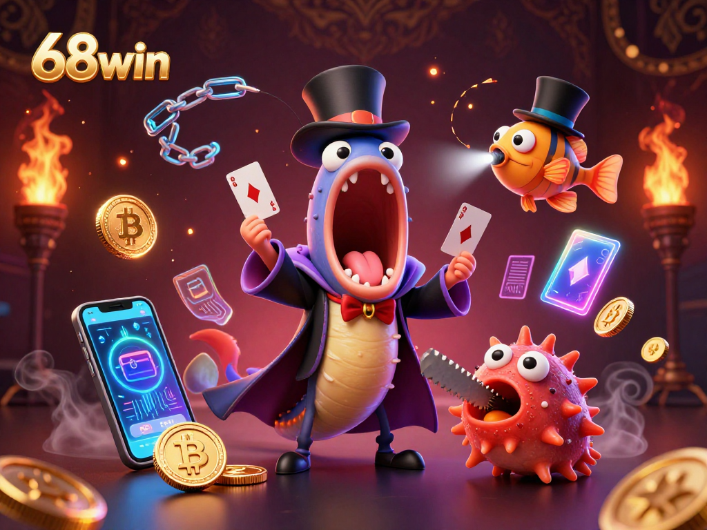 Experience the magic of 68win with a lively scene featuring a deep-sea eel magician and cryptocurrency elements