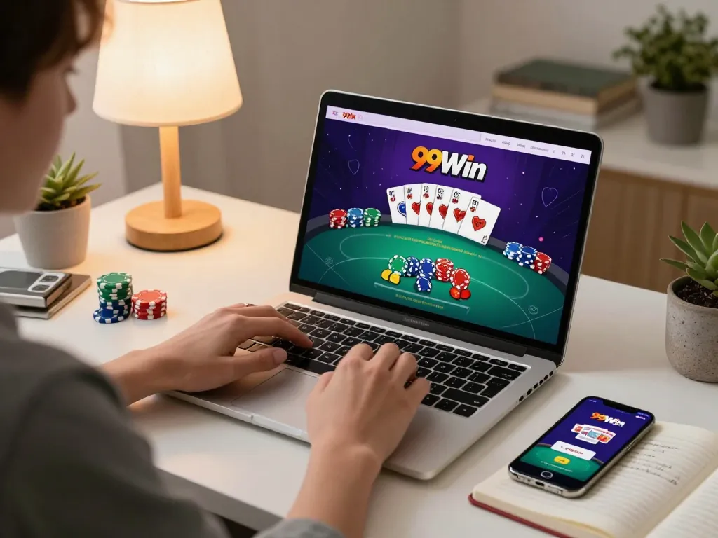 Player engaging with 99Win's online poker interface from a cozy home gaming setup.