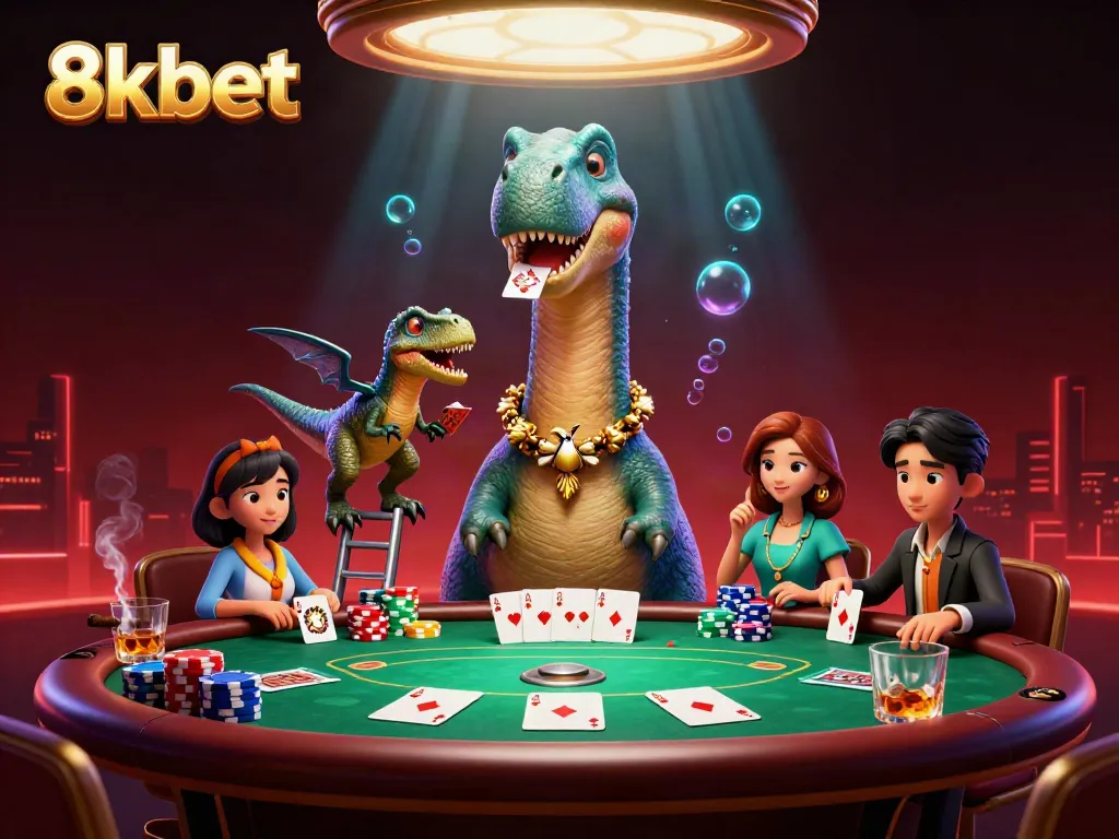 Engaging 8xbet-themed illustration depicting a cartoon brontosaurus and a clever raptor at a poker table