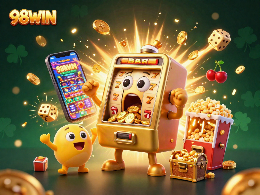 Experience thrilling wins at 98WIN with a vibrant scene of slot machines celebrating a jackpot.