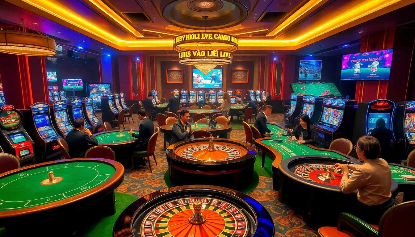 Engage with Vào Lưới TV at a luxurious casino scene filled with poker tables and vibrant slot machines.