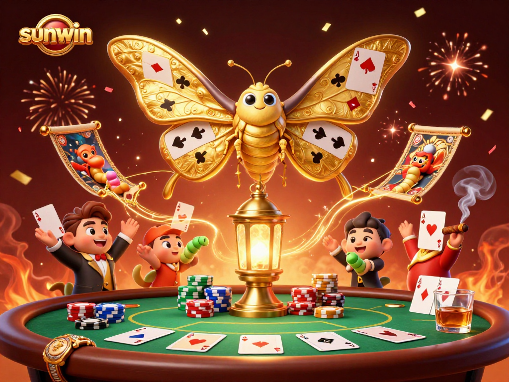 Experience the thrill of sunwin casino's vibrant 3D scene with card suits and golden moth fantasy.