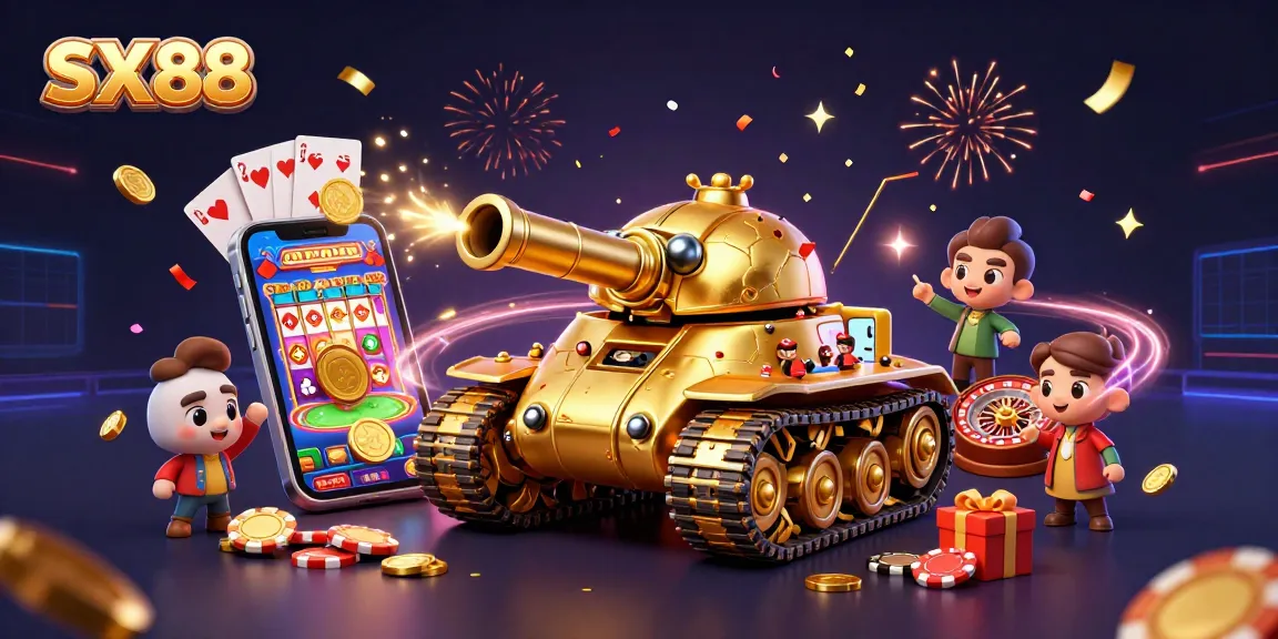 SX88 enhances your gaming experience with vibrant casino-themed 3D imagery, featuring a golden beetle tank and dynamic gameplay elements.