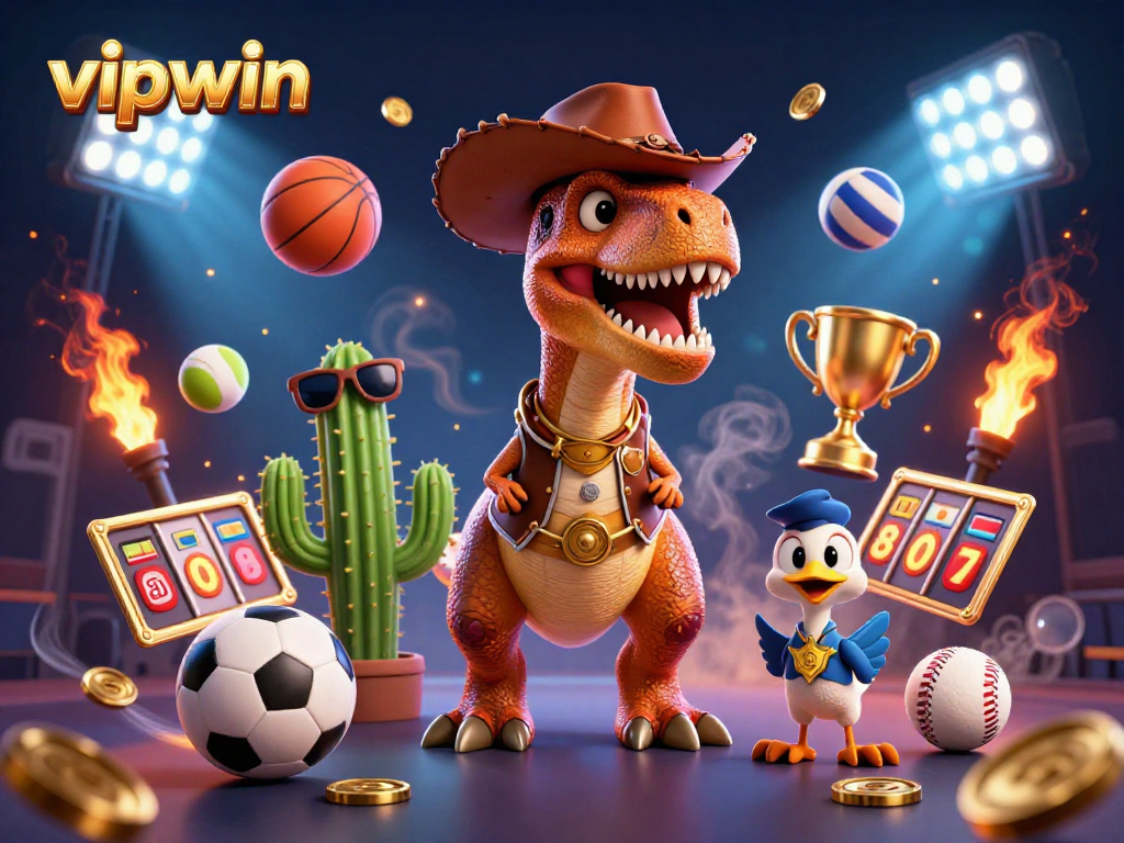 Win big with vipwin in this vibrant 3D casino scene filled with dynamic sports and gaming elements.