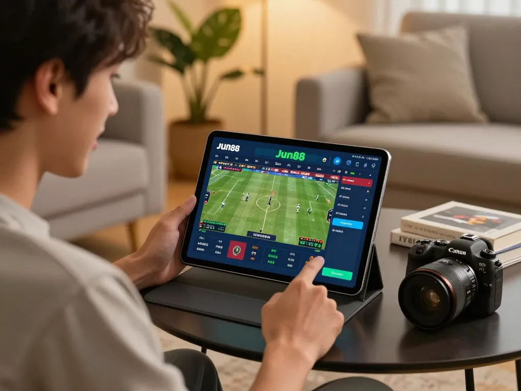 Engaged user betting on the Jun88 app during a sports event at home, showcasing a thrilling online gambling moment.