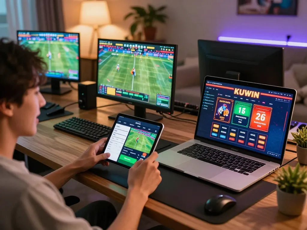 Kuwin user actively places bets on mobile app in modern gaming setup, showcasing exciting online casino experience.