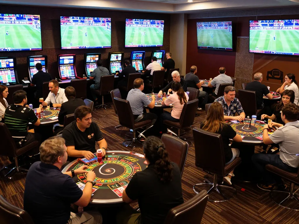 TR88 sports bettors engaging with live events on screens, showcasing strategic betting atmosphere