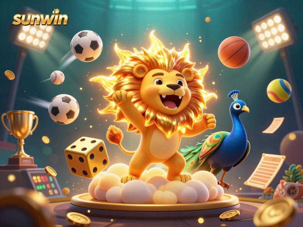 Engage in the excitement of sunwin with a vibrant casino-themed 3D illustration filled with dynamic sports elements.