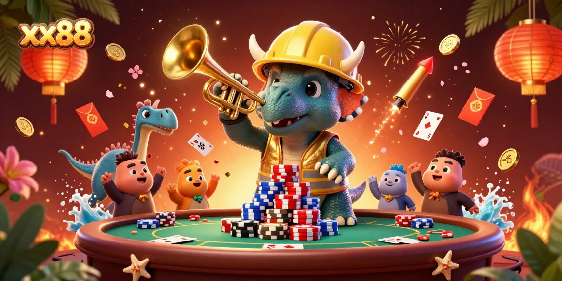 Experience thrilling poker action at xx88 with cheerful characters and vibrant casino elements.