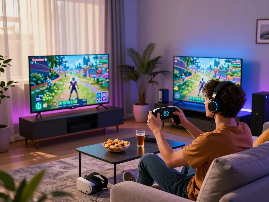 Tải hitclub from a modern gaming setup, showcasing an enthusiastic player enjoying an immersive online gaming experience in a cozy living room environment.