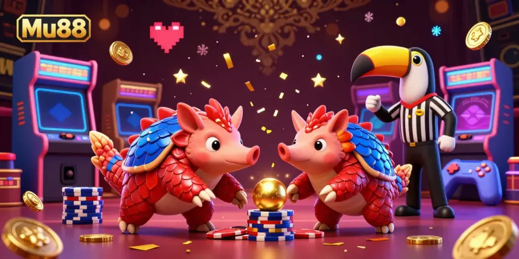 Engage in the thrilling Mu88 casino experience with rival pangolins bowling through poker chips in a vibrant 3D illustration.
