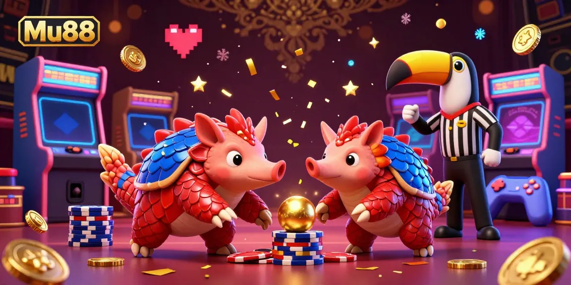 Engage in the thrilling Mu88 casino experience with rival pangolins bowling through poker chips in a vibrant 3D illustration.
