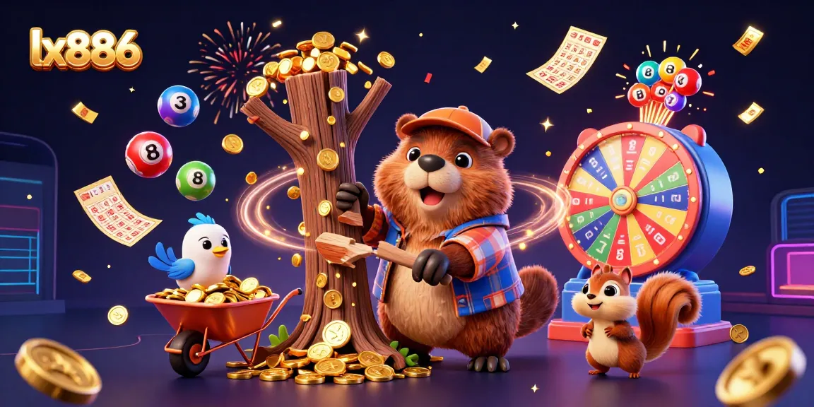 Experience the excitement of lx886 as the beaver and friends collect coins in a vibrant casino-themed scene.