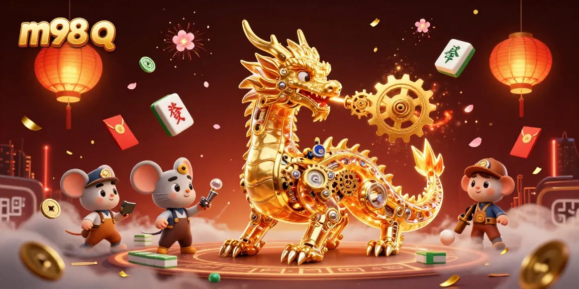 Experience the thrilling m98 q adventure with a golden dragon, floating mahjong tiles, and festive decorations.