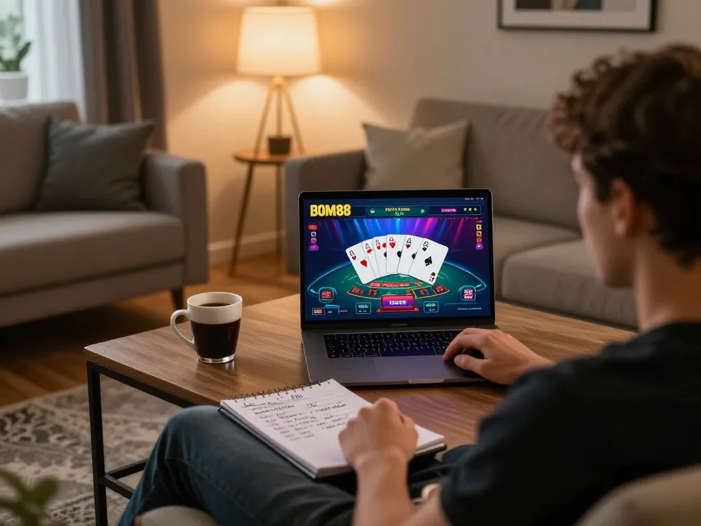 BOM88 player enjoying a thrilling blackjack session on a laptop in a cozy living room setting.
